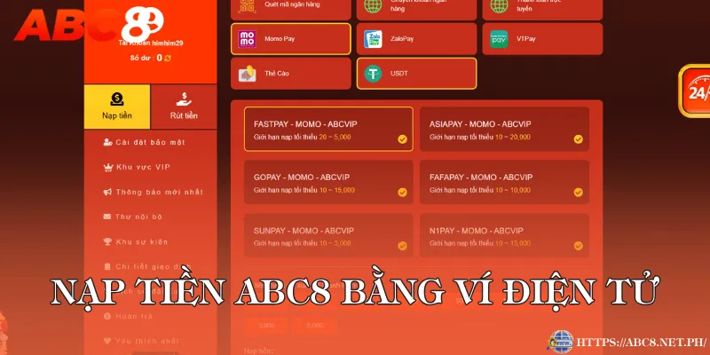 Nạp tiền ABC8 bằng ví điện tử