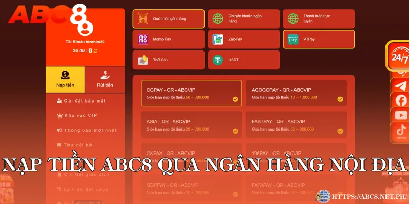 Nạp tiền ABC8 qua ngân hàng nội địa